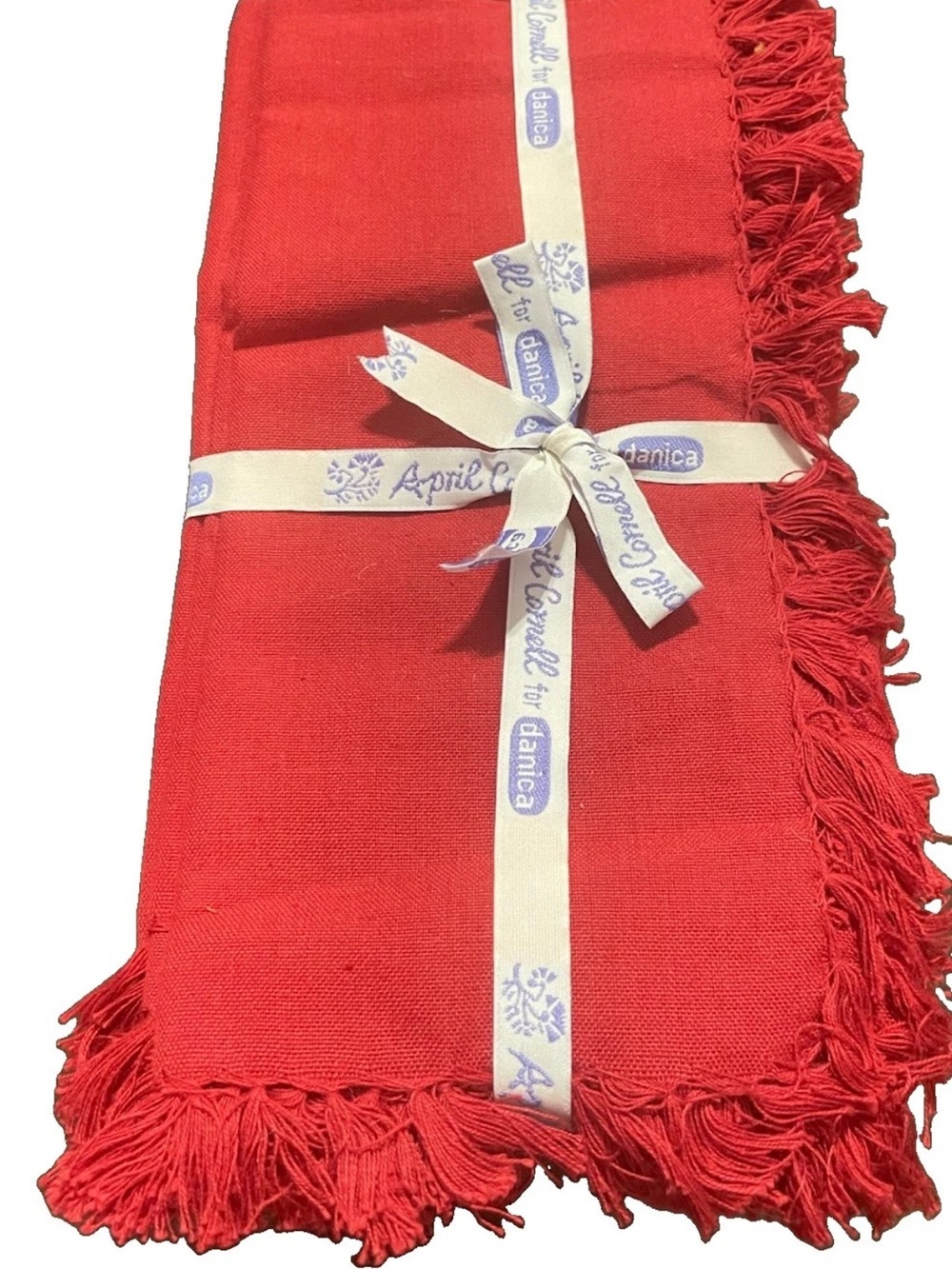 April Cornell for Danica Set of 6 + 1 Red Fringe Napkins 18x18 Cotton Holiday